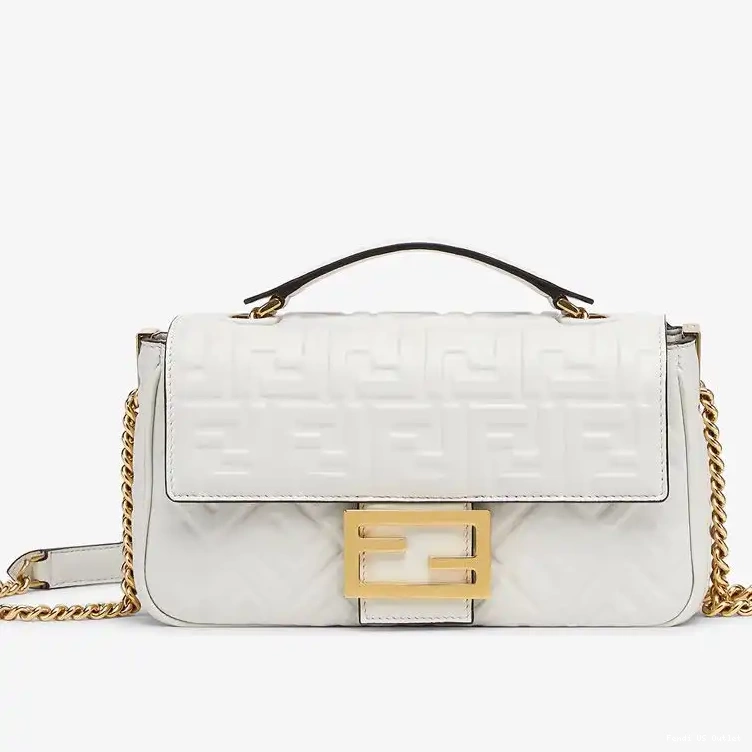 Vintage HOT Bag Nappa White Midi Chain Baguette FF In Fendi Motif Leather 0518